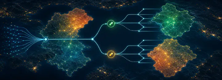 Satellite map with branching model paths and outcome surfaces summarizing causal machine learning.