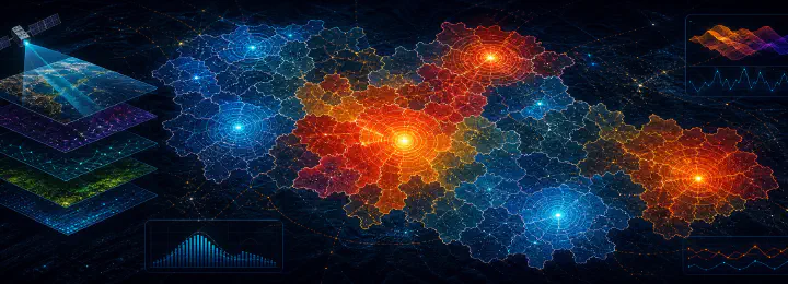 Geospatial development visualization highlighting warm hot spots and cool cold spots across subnational regions.