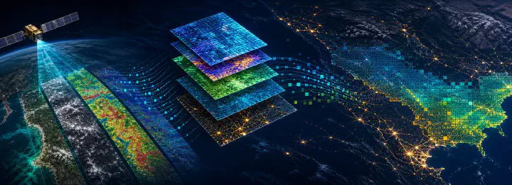 Satellite data mosaic with raster tiles and scan lines summarizing geospatial big data.