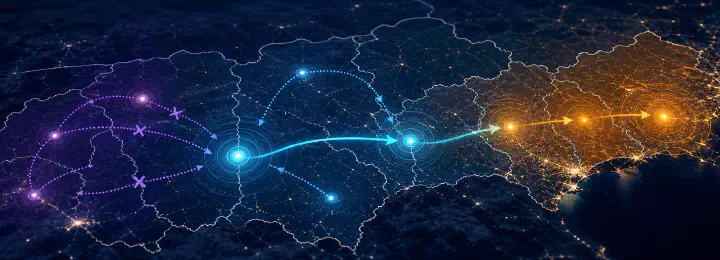 Regional satellite map with intervention and spillover paths summarizing spatial causal inference.