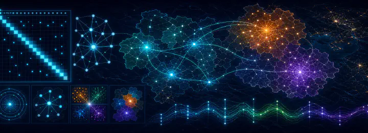 Spatial econometrics visualization with weights matrix, neighbor links, clusters, and time waves.