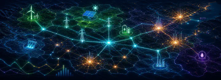 Spatial energy economics visualization with energy-source icons, grid lines, and uneven electricity access.