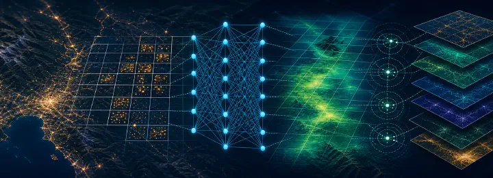 Satellite map with neural mesh and prediction grids summarizing spatial machine learning.