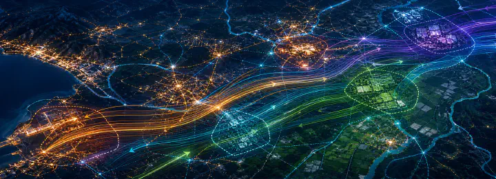 Satellite map with economic clusters and transition flows summarizing spatial structural change.