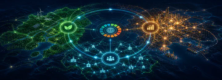 Geospatial systems visualization connecting environmental, economic, and social resilience indicators.